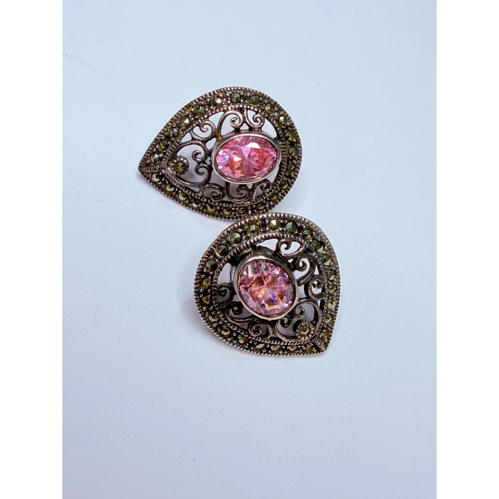 Vintage Sterling Silver Marcasite & Pink CZ Stud Earrings Filigree Openwork